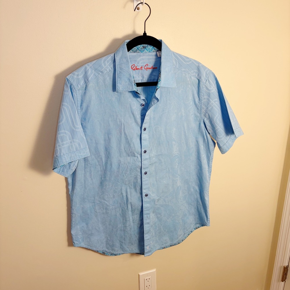 Robert Graham Shirt Mens L Blue Paisley Short Sleeve Classic Fit Jacquard Cotton - Picture 9 of 10